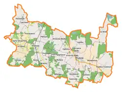 Mapa konturowa gminy Prusice, blisko centrum po prawej na dole znajduje się punkt z opisem „Prusice”