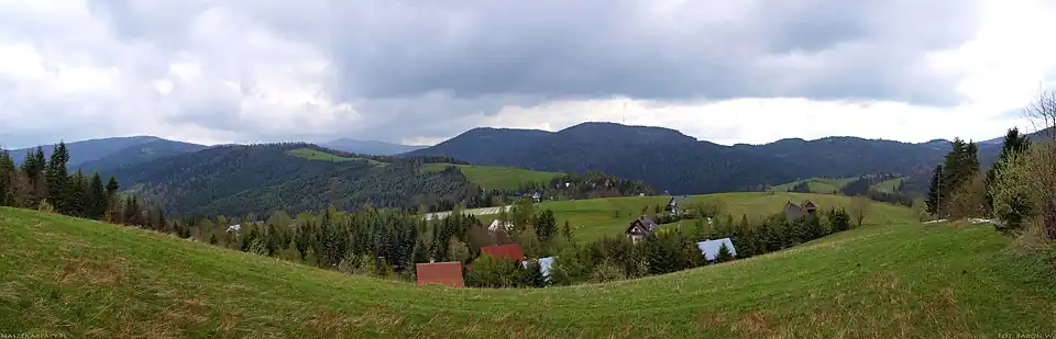 Panorama z żółtego szlaku Przełęczy Przysłop Lubomierski