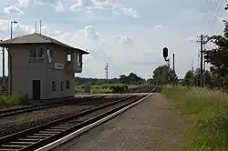 Przejazd kolejowy z widokiem na tory w stronę Żagania