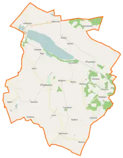 Mapa konturowa gminy Przelewice, po prawej znajduje się punkt z opisem „Gardziec”
