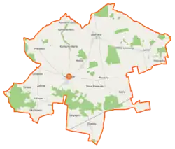 Mapa konturowa gminy Przesmyki, blisko centrum na lewo znajduje się punkt z opisem „Przesmyki”