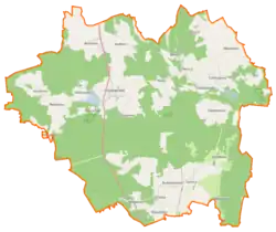 Mapa konturowa gminy Przybiernów, po lewej nieco u góry znajduje się punkt z opisem „Zabierzewo”