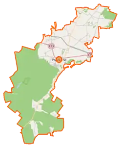 Mapa konturowa gminy Przysucha, blisko centrum u góry znajduje się punkt z opisem „Przysucha”