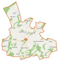 Mapa konturowa gminy Przytuły, po lewej znajduje się punkt z opisem „Grzymki”