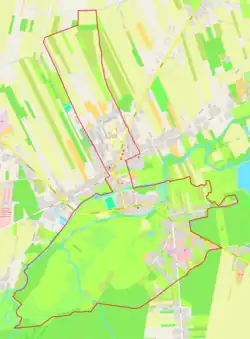Mapa konturowa Przytyka, blisko centrum na dole znajduje się punkt z opisem „Parafia Podwyższenia Krzyża Świętego”