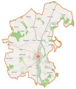 Mapa konturowa gminy Pułtusk, blisko dolnej krawiędzi znajduje się punkt z opisem „Radzice”