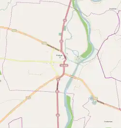 Mapa konturowa Pułtuska, w centrum znajduje się punkt z opisem „Pułtusk”