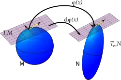 "If a map, φ, carries every point on manifold M to manifold N then the pushforward of φ carries vectors in the tangent space at every point in M to a tangent space at every point in N."