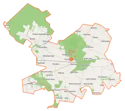 Mapa konturowa gminy Puszcza Mariańska, na dole po prawej znajduje się punkt z opisem „Korabiewice”