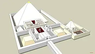 Drawing of a pyramid surrounded by a wall. A building with many rooms extends from one side of the pyramid, and at the ososite end of the building a causeway extends out of the frame.