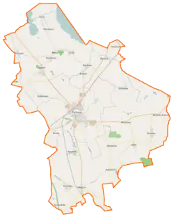 Mapa konturowa gminy Pyrzyce, u góry nieco na prawo znajduje się punkt z opisem „Czernice”