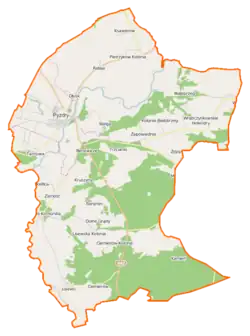 Mapa konturowa gminy Pyzdry, po lewej nieco u góry znajduje się punkt z opisem „Pyzdry”