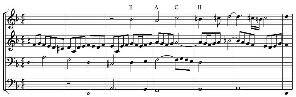 Charakterystyczny motyw B-A-C-H, wprowadzony pod koniec fugi