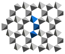 Kwarc α, połączenie spiralnych łańcuchów, rozkład dużych sześciokątnych i małych trójkątnych kanałów, widok wzdłuż osi c (oś 3-krotna)