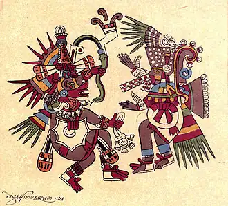 Quetzalcoatl (z lewej) walczy z Tezcatlipoca (z prawej) – Kodeks Borbonicus, XVI wiek