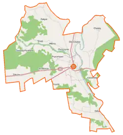 Mapa konturowa gminy Różan, blisko centrum na lewo znajduje się punkt z opisem „Podborze”