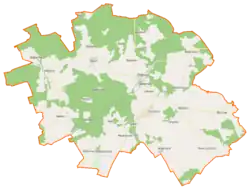 Mapa konturowa gminy Rąbino, po prawej znajduje się punkt z opisem „Rzecino”