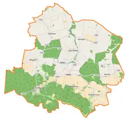 Mapa konturowa gminy Radłów, na dole znajduje się punkt z opisem „Stare&nbsp;Karmonki”