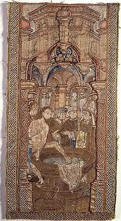 Haft przedstawiający legendę o niedoszłym chrzcie Radboda z ręki św. Wolframa, tutaj zastąpionego błędnie przez św. Wilibrorda