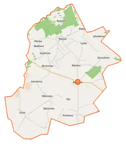 Mapa konturowa gminy Radomin, u góry znajduje się punkt z opisem „Bobrowisko”