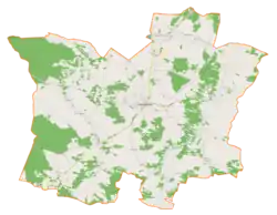 Mapa konturowa gminy Radomyśl Wielki, blisko centrum u góry znajduje się punkt z opisem „Partynia”