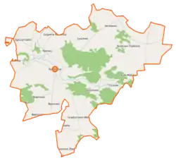 Mapa konturowa gminy Radzanów, po prawej znajduje się punkt z opisem „Budy-Matusy”