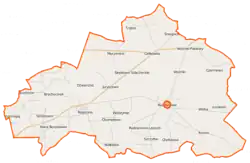 Mapa konturowa gminy Radzanowo, blisko centrum po lewej na dole znajduje się punkt z opisem „Rogozino”