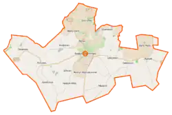 Mapa konturowa gminy Radzyń Chełmiński, w centrum znajduje się ikonka zamku z wieżą z opisem „Zamek w Radzyniu Chełmińskim”