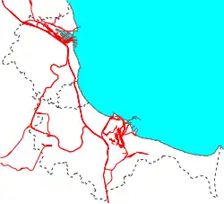 Mapa konturowa Trójmiasta, u góry po lewej znajduje się punkt z opisem „Gdynia Cisowa”