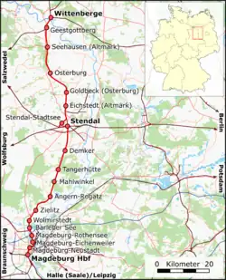Mapa przebiegu linii kolejowej 6401 (Wittenberge–Stendal) 6402 (Stendal–Magdeburg)