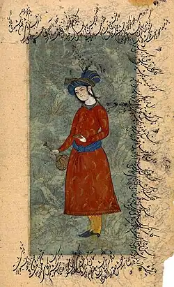 Młodzieniec z butlą. Miniatura ze szkoły Rezy Abbasiego z adnotacjami w piśmie szekaste. Iran, początek XVII w. Muzeum Książąt Czartoryskich w Krakowie