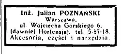 Reklama firmy Juliana Poznańskiego, 1939 rok