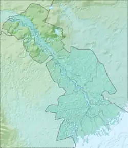 Mapa konturowa obwodu astrachańskiego, u góry znajduje się owalna plamka nieco zaostrzona i wystająca na lewo w swoim dolnym rogu z opisem „Baskunczak”