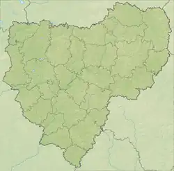 Mapa konturowa obwodu smoleńskiego, po lewej znajduje się punkt z opisem „miejsce bitwy”