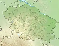 Mapa konturowa Kraju Stawropolskiego, blisko dolnej krawiędzi nieco na lewo znajduje się punkt z opisem „źródło”, natomiast na dole znajduje się punkt z opisem „ujście”
