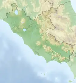 Mapa konturowa Lacjum, u góry po lewej znajduje się punkt z opisem „Vulci”