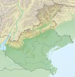 Mapa konturowa Wenecji Euganejskiej, u góry nieco na prawo znajduje się czarny trójkącik z opisem „Maramrole”