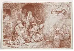 Rembrandt, Anioł opuszczający rodzinę Tobiasza (akwaforta i suchoryt wykonane sangwiną