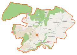 Mapa konturowa gminy Rogóźno, po prawej nieco u góry znajduje się punkt z opisem „Szembruk”