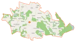 Mapa konturowa gminy Rogowo, po lewej nieco u góry znajduje się punkt z opisem „Ruda”