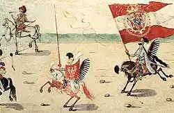 Husarz z 1605 roku na koniu pomalowanym w biało-czerwone barwy narodowe z Białym Orłem na tarczy – Rolka sztokholmska