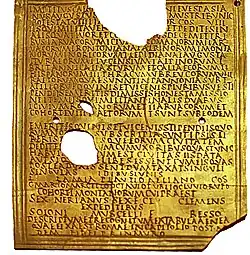 Brązowa, wypolerowana prostokątna tablica z 34 liniami tekstu łacińskiego umieszczonymi w prostym kartuszu w postaci trzech odciśniętych linii biegnących wzdłuż zewnętrznych krawędzi tabliczki. W połowie tekstu, po linii 17 pusta linia z dwoma otworami wywierconymi w odległości ok. 1/3 szerokości od obu krawędzi. Poniżej po lewej okrągły ubytek wysokości ok. 5 linii tekstu, powyżej mniejszy ubytek wielkości ok. 3 znaków w dwóch liniach.