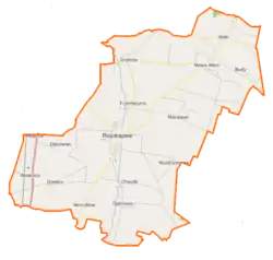 Mapa konturowa gminy Rozdrażew, w centrum znajduje się punkt z opisem „Parafia św. Jana Chrzciciela”