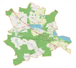Mapa konturowa gminy Rudziniec, po lewej nieco na dole znajduje się punkt z opisem „Rudziniec”