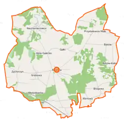 Mapa konturowa gminy Rusinów, blisko centrum na lewo znajduje się punkt z opisem „Wola Gałecka”