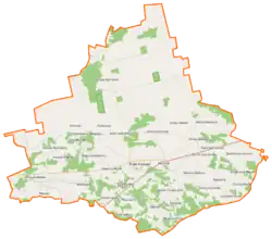 Mapa konturowa gminy Rutki, blisko lewej krawiędzi na dole znajduje się punkt z opisem „Gronostaje-Puszcza”