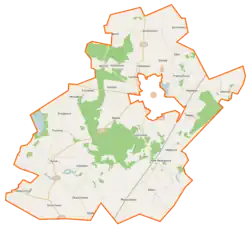 Mapa konturowa gminy Ryńsk, blisko centrum na prawo u góry znajduje się punkt z opisem „Rozgard”