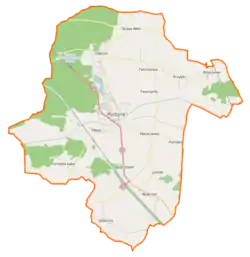 Mapa konturowa gminy Rydzyna, u góry znajduje się punkt z opisem „Dąbcze”