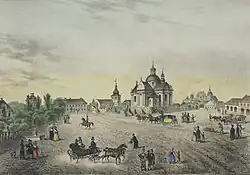 Rynek w Żółkwi na litografii Karola Auera (ok. 1838)