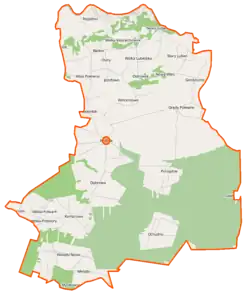 Mapa konturowa gminy Rząśnik, na dole nieco na prawo znajduje się punkt z opisem „Ochudno”